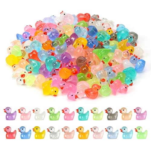JWAJWY Mini Ducks 100 Pack Tiny Ducks Glow in The Dark (20 Colors) | Hide Resin Tiny Toys Luminous Animal for Garden Aquarium Decor DIY Projects Party Decorations