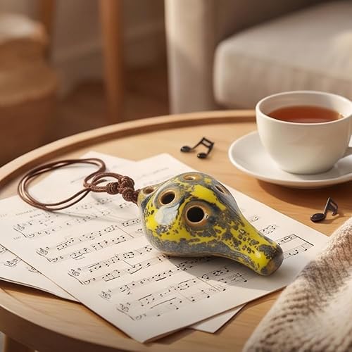 Handmade Ocarina - 6-Hole Mini Pocket Size Clay Flute with Lanyard(Yellow) | Retro Glaze Craft with Clear Tone and Compact Size, Portable Wind Instrument for Practice, Performance and Ethnic Style Music