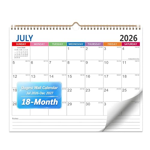 Wall Calendar 2026-2027, 18 Month Academic Calendar, Jul 2026 - Dec 2027 | Hanging Calendar with 120 GSM Thick Paper, Spacious Writing Blocks, Planner Stickers