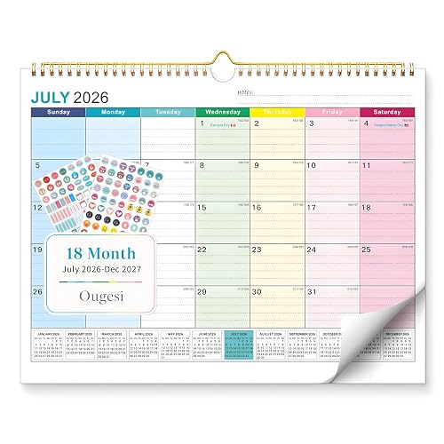 Wall Calendar 2026-2027, Academic Calendar 18 Month, Jul 2026 - Dec 2027 | 14x11 Hanging Calendar, Monthly Design, 120 GSM Thick Paper, Spacious Writing Blocks, Bonus with 2 Stickers