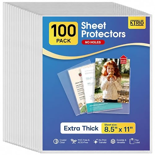 KTRIO No Holes Sheet Protectors 8.5 x 11, 100 Pack Heavy Duty Paper Sleeves | Non-Punched Page Protectors, Extra Thick, Crystal Clear, Acid-Free, Letter Size, Top Loading for Documents and Filing