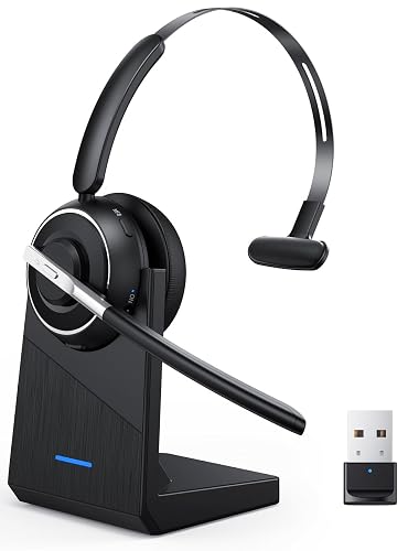 Wireless Headset with Mic for Work Bluetooth Headset with Microphone for PC | Noise Cancelling Mic USB Dongle Charging Base Mute Button for Computer Office Call Center Phone Remote Work from Home Trucker