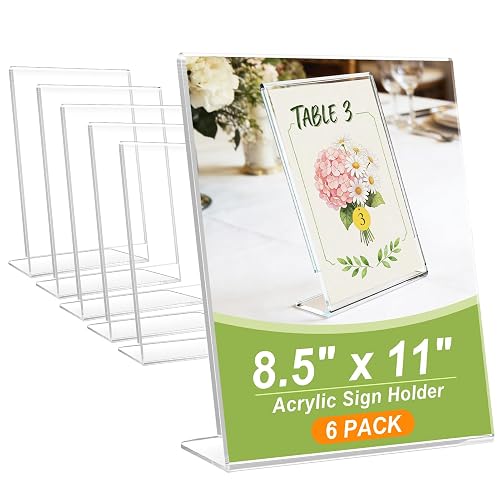 8.5x11 Acrylic Sign Stand Holders, Clear Plastic Table Paper Display Stands | Displaying Posters, Pictures, Flyers, Menu Tabletop Holder Stand - 8.5 x 11 L Shape 6 pack ﻿