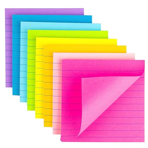 (8 Pads) Lined Sticky Notes 4x4 Bright Stickies | Colorful Super Sticking Power Memo Pads, 8 Colors, Strong Adhesive