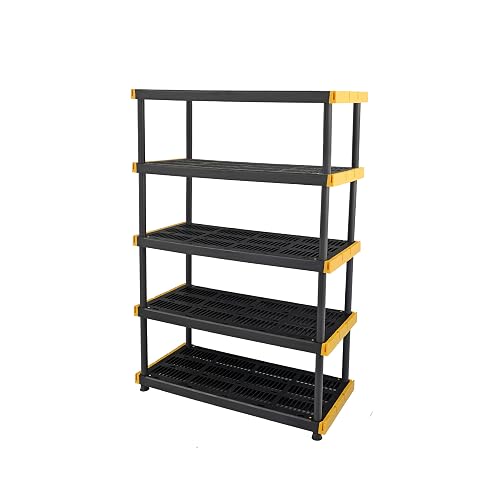 CX 5-Tier Heavy Duty Plastic Storage Shelves for Garage Organization | Freestanding garage utility rack with easy assembly, 5 shelves at 200lbs/Shelf, 72H x 48W x 20D, Black & Yellow, Made in USA