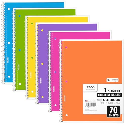 Mead Spiral Notebook, 6 Pack, 1 Subject, College Ruled Paper, 7-1/2" x 10-1/2", 70 Sheets per Notebook, Assorted Bright Colors (830050-ECM)