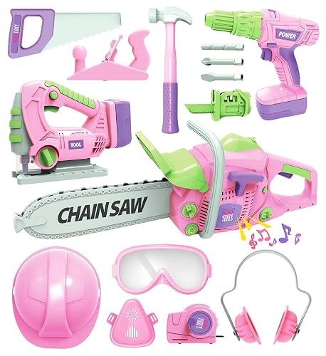 Pink Kids Tool Set for Girls, 3 Toy Power Tools with Sounds & Lights | 15 Pcs with Helmet & Goggles, Chainsaw, Jigsaw, 2-in-1 Drill, Indoor Outdoor Pretend Construction Christmas Gift 3 4 5 6 7 8
