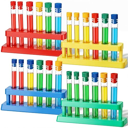 TrelaCo 28 Pcs Plastic Test Tubes with Stand, Science Classroom Must Haves | Colorful Test Tubes and Racks, Science Classroom Experiments Projects Stem Activity, Party Favors, Candy Storage DIY Supplies
