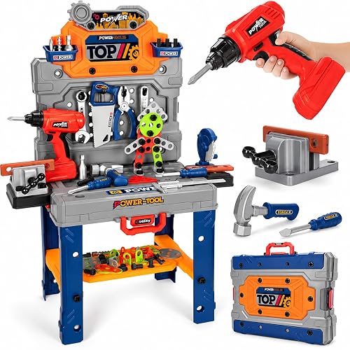 TooyBing Kids Tool Bench Set with Electric Drill and Realistic Tools, Construction Workbench Playset Toy for Toddler 3-5, Easy Set up, Kids Boy Toys, Birthday Gifts for Boys Age 3 4 5 Year Old