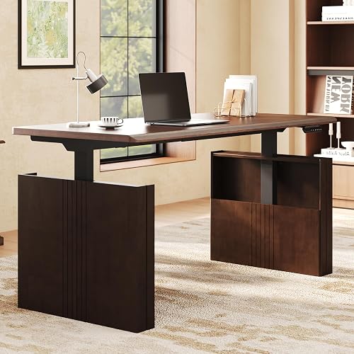 FLEXISPOT 63 x 30 Inch WoodiX Solid Wood Executive Standing Desk, Walnut | Dual-Motor Lift, 220 LBS Capacity, Fluted H-Frame Base, Spacious Multi-Monitor Workspace, Mid-Century Modern Design