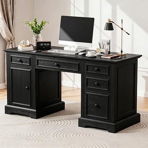 Vipbear 60" Farmhouse Executive Office Desk with Drawers and File Cabinet | Embossed Texture Wood Home Office Desk Rustic Computer Writing Desk, Workspace for Work Study Writing(Black)