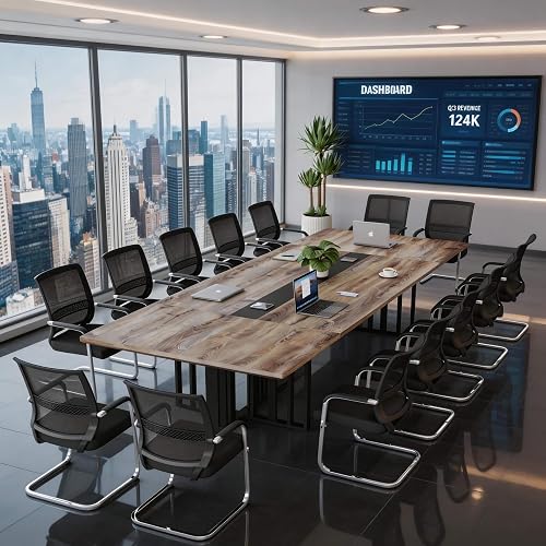 142in Conference Table with Wireless Charging, 2" Extra Thick Rectangular Meeting Desk with Metal Grid Base, 2 Built-in Power Outlets & USB Ports,12ft Large Heavy Duty Table for Office Conference Room