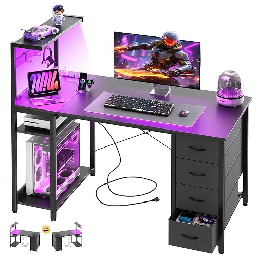 47in Gaming Computer Desk with Drawers & Storage Shelf & Iron Hook, Black | LED Light, Power Outlet, Reversible Gaming Table, Study Work Desk, Pc Desk, Escritorio Gamer for Small Space, Home Office