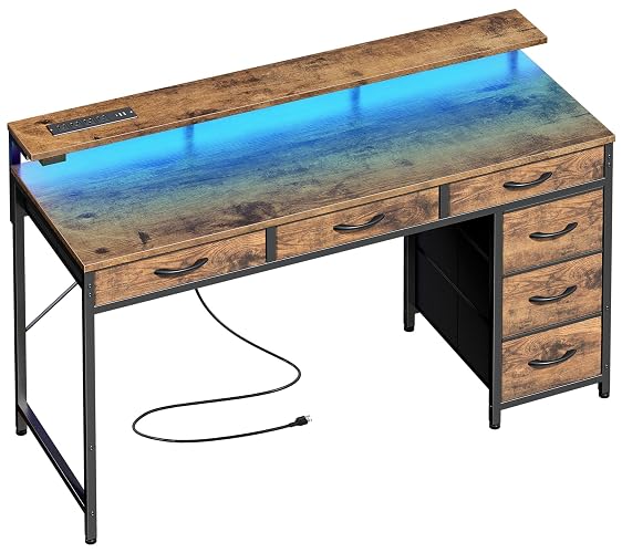 Huuger Gaming Desk with 6 Drawers, Computer Desk with LED Lights Power Outlets and Type-C, 47 Inch Office Desk with Storage, Monitor Stand, Writing Work Desk for Home Office, Rustic Brown
