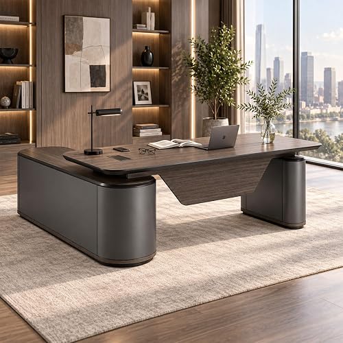 SAINTCY Large Executive Office Desk with File Cabinet, 86.6 Inch Sit & Stand L Shaped Executive Desk, Adjustable Luxury Office Desks for Boss, Business Owners, Managers and Supervisors Return Right