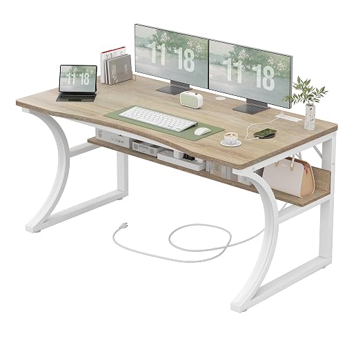 TIQLAB 47 Inch Desk with Storage Shelf, One-Piece Curved Desktop, Maple | 24 Inch Depth Writing Table, Space-saving, Workstation, Modern Study Work Computer Desk, For Home Office