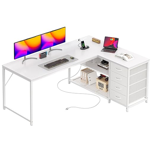 PRAISUN 53" L Shaped Desk with Power Outlets & 4 Drawers | Reversible Computer Desk with 2 Storage Shelves, Large Corner Office Desk for Gaming Writing Work Study, White