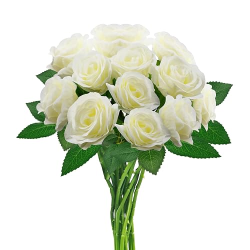 hailanbao 24PCS White Artificial Roses with Long Stems, Silk Faux Flowers | realistic white silk roses with flexible stems for DIY bouquets, centerpieces, weddings and home décor.