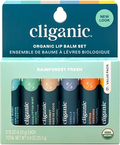 Cliganic Organic Lip Balm Set, 6 Flavors, 100% Natural for Dry Cracked Lips | Moisturizing & Hydrating with Smooth Long-Lasting Texture, Gift for Men & Women, Stocking Stuffer