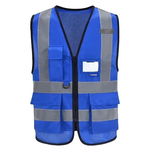A-SAFETY Reflective Safety Vest with Mic Tabs, Black Front Zipper, Blue, L | Blue L safety vest with reinforced pockets, clear ID holder and mic tabs for electrical work and equipment maintenance.