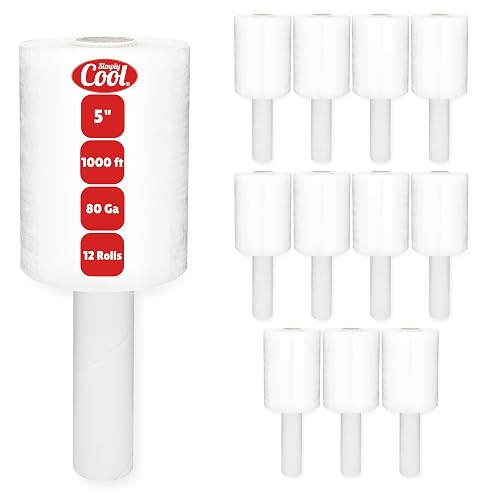 Simply Cool Mini Shrink Wrap Roll 12 Pack 5 Inch 1000 Ft 80 Gauge | Heavy Duty Industrial Strength Hand Stretch Wrap for Moving Supplies, Furniture, Pallet Wrapping and Packing Stretch Film