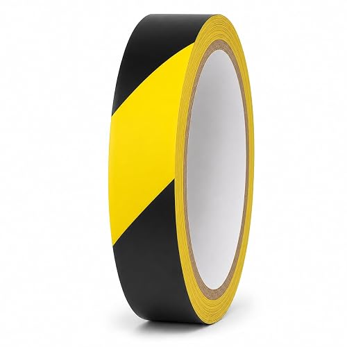 GGR Supplies Black & Yellow Hazard Stripe Tape, 1 inch x 18 Yards | OSHA Compliant High Visibility PVC Vinyl Tape for Floors, Warehouses, Traffic Lanes, and Safety Marking