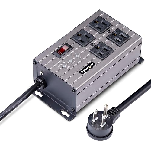 StarTech Flat Plug 4-Outlet Heavy Duty Industrial Power Strip, TAA | 125V/15A with Surge Protector, 8ft/2.4m Extension Power Cord, Mountable PDU, EMI/RFI Isolation, NEMA 5-15P/R