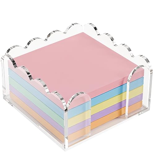 Acrylic Sticky Note Holder for Post It Note Dispenser, 3 x 3 Inch Scalloped Clear Cute Desk Organizer for Notepads Desk Accessories Office Supplies, Home Office Classroom Paperclips Organizer