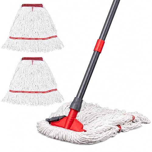 Commercial Mop with 3 Large Replacement Heads, Heavy Duty Industrial Mop | 59" Long Handle, Looped-End Cotton String Mop for Restaurant, Kitchen, Garage, Warehouse, School, Concrete & Hardwood Floors