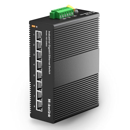 MokerLink 8 Port Gigabit Industrial DIN-Rail Ethernet Switch, 16Gbps Switching Capacity, IP40 Rated Network Switch (-40 to 185°F), with UL Power Supply