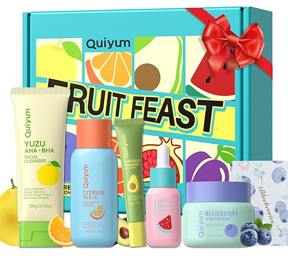 QUIYUM Fruit Skincare Set for Teen Girl, 5 Daily Routine Beauty Skin Care | Exfoliation, Smooth, Clean, Oil Control, Smooth, Hydrate, Glow Up, Facial Skin Care Gift Set for Girls, for All Skin Types