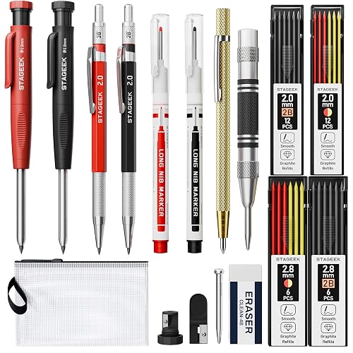 STAGEEK 17-in-1 Carpenter Pencils Set, Mechanical Pencils for Construction | Deep Hole Construction & Woodworking Marking Tool, Heavy Duty Kit for Architect, Contractor, Electrician with Pouch