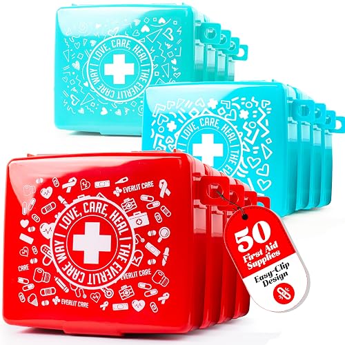 EVERLIT Pocket-Aid Mini First Aid Kit | Compact, Portable Hard-Shell Cases of 50 Items | Cuts, Scrapes, Wound Care Essentials for Travel, Outdoor, School, Camping, Home, Office (12 Packs | 600 Pcs)