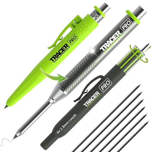 Tracer Pro Aluminum 2.8mm Construction Pencil Mechanical Carpenter Pencils | Heavy Duty Metal Body, 6 Replacement Leads in Holder, High Vis Site Holster with Belt Clip & Sharpener