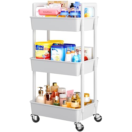 Pipishell 3 Tier Rolling Cart with Handle & Wheels for Storage, White | Plastic Rolling Cart with 4 Industrial-Grade Casters, Tool-Free Assembly, Utility Cart for for Nursery, Kitchen, Craft Room
