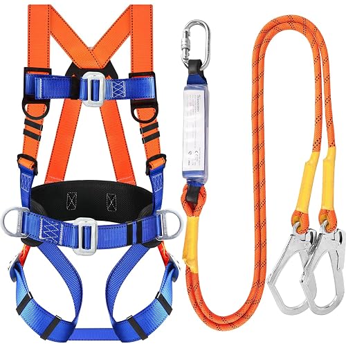TT TRSMIMA Safety Harness Fall Protection Kit: Full Body Roofing harnesses | Men Construction Harness Kit with Shock Absorbing Lanyard - Updated Paded for Roof Work