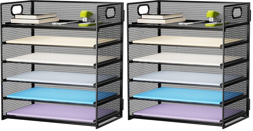 Marbrasse 6 Tier Paper Organizer Letter Tray - Mesh Desk File-Organizer with Handle, Paper Sorter Organizer for Letter/A4 Office File Folder Holder - Black (Pack of 2)