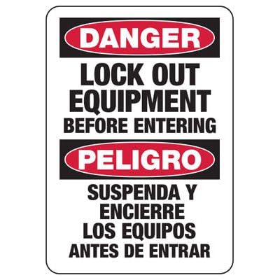 Bilingual Lockout - Danger Lockout Equipment Before Entering Safety & Compliance - OSHA & ANSI Compliant Electrical, Arc Flash & Lock-Out Metal Tin Sign - 12x16 Inch