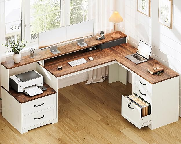 OffiGo Farmhouse 68 Inch L Shaped Executive Desk with Drawers, Walnut+White | Corner Table with Monitor Stand, Office Desk with Printer Shelf, File Cabinet, Outlets, Home Office Computer Workstation