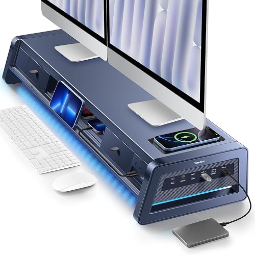 Vaydeer All-in-One Dual Monitor Stand Riser with 2 Drawers, 8USB Ports and Wireless Charging Pad with LED Light Strip for 2 Monitors , Desk Organizer for PC, iMac (Metal, 39.3 inches)