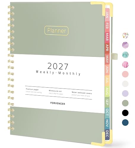 Forvencer 2027 Planner, Hardcover Calendar Planner Jan - Dec 2027, 8.5"x11" | Spiral Weekly & Monthly Planner, Daily Agenda Book with Tabs, Daily Journal Organizer for Office Home School, Olive Green