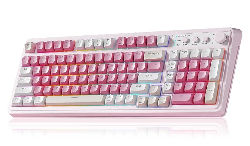 AULA 99 Key Keyboard, Wireless Pink Gaming Keyboard Creamy with Number Pad | Membrane Keyboard,RGB Backlit,Tri-Mode BT/2.4GHz/USB-C,2000mAh Rechargeable Thocky Clicky Creamy Sound Computer Keyboards