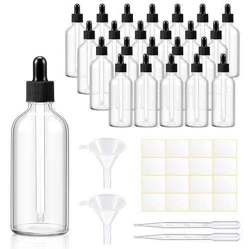 Tessco for you 20 Pack 3.4 oz Glass Dropper Bottles, 100 ml Glass Tincture Bottles with Eye Droppers with Funnel, Labels & Pipette for Essential Oil, Health, Personal Care & Beauty(Clear Black)