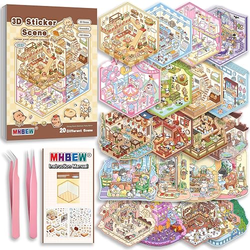 20 Sets DIY 3D Sticker Scene Book for Kids Adults Cozy Room Sticker Therapy | Cute Make Your Own Mini House Miniature Scene Stickers, Gifts for Adult Relief Stress Pass The Time, Hamburg Castle Library
