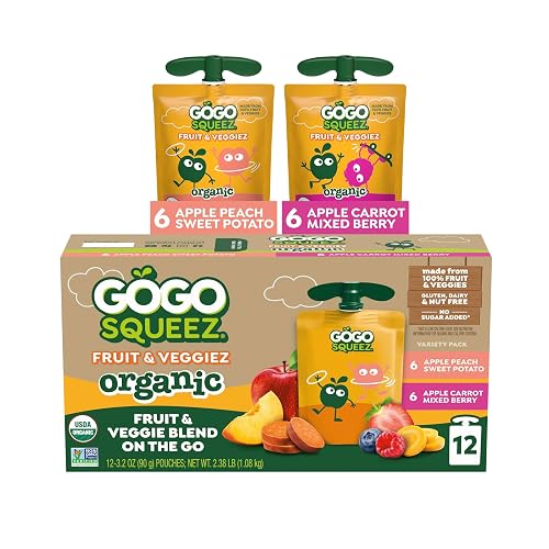 GoGo squeeZ No Sugar Added Organic Fruit & veggieZ Applesauce, 12 Count | Kids On The Go Fruit & Veggie Snack, Peach and Berry; 3.2 Oz Pouches, Gluten and Nut Free, Recloseable Cap, BPA-Free