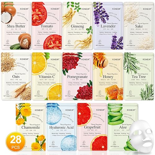 28 Pack Sheet Face Masks Skincare, Bulk Face Mask Suitable for Dry Skin | Hydrating Facial Mask Gifts Set for Women Skin Care, Home Skincare Spa for Most Skin Types