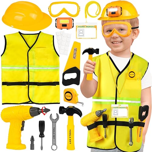 HUUIDY Construction Worker Costume with Electric Drill for Kids Ages 4-12 | Kids Dress Up Clothes Include Safety Vest and Hat, Helmet Light for Halloween Party, Career Day, Pretend Play, Birthday Gift