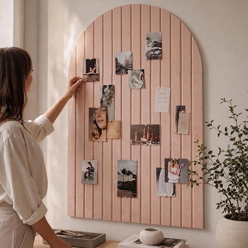 Large Arched Felt Bulletin Board - 6 Customizable Adhesive Tiles with Pins | Stylish 35" X 24" Cork Board Alternative for Office and Wall Decor - Perfect to Display Your Photos