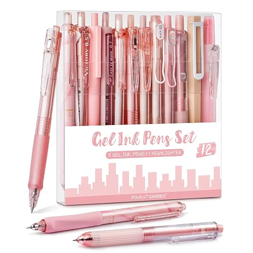 Four Candies Rose Gel Pens, Pink & Black Ink, 0.5mm, 12 Count | Cute School Supplies, Office Essentials for Women, For Nurses, Girly Stationery Set, Aesthetic Desk Decor & Accessories