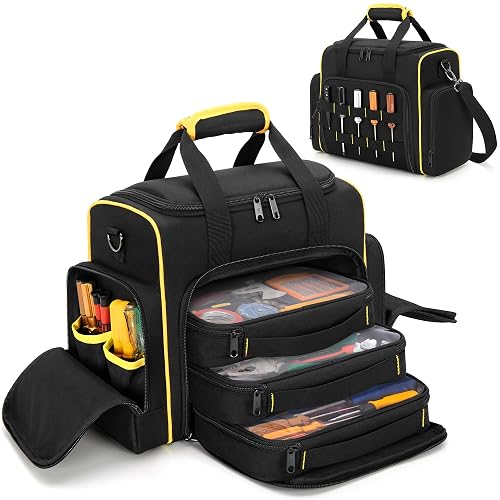 Marscamd Tool Bag with 3 Removable Cases, 2 Layers Tool Tote for Hand Tools | with Front Molle Straps & Detachable Shoulder Strap, Black with Yellow Binding